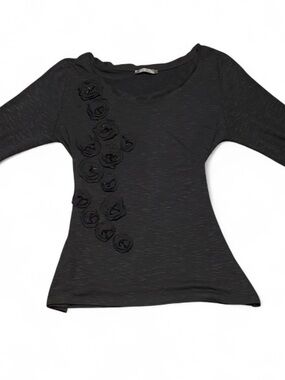 Forever Fashion Gray Long Sleeve Top with Floral Applique Detail